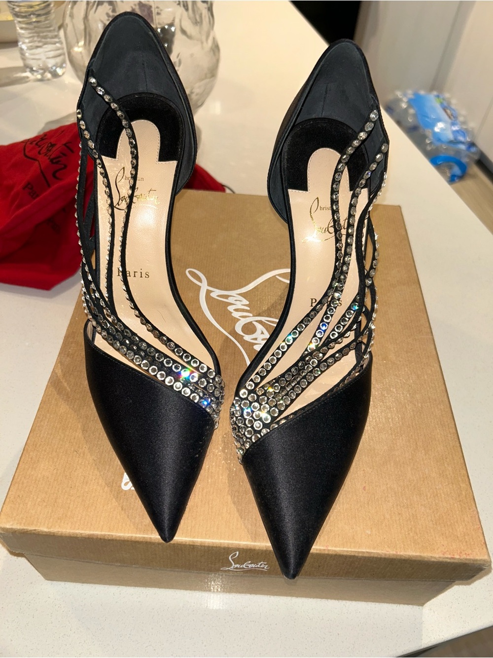 Christian Louboutin Black Satin Crystal-Strap Pointed Pumps